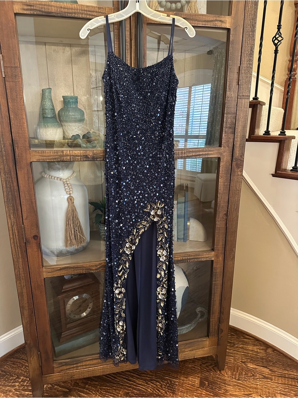 David's Bridal Navy Beaded Spaghetti Strap Prom Dress with Gold Embellishment